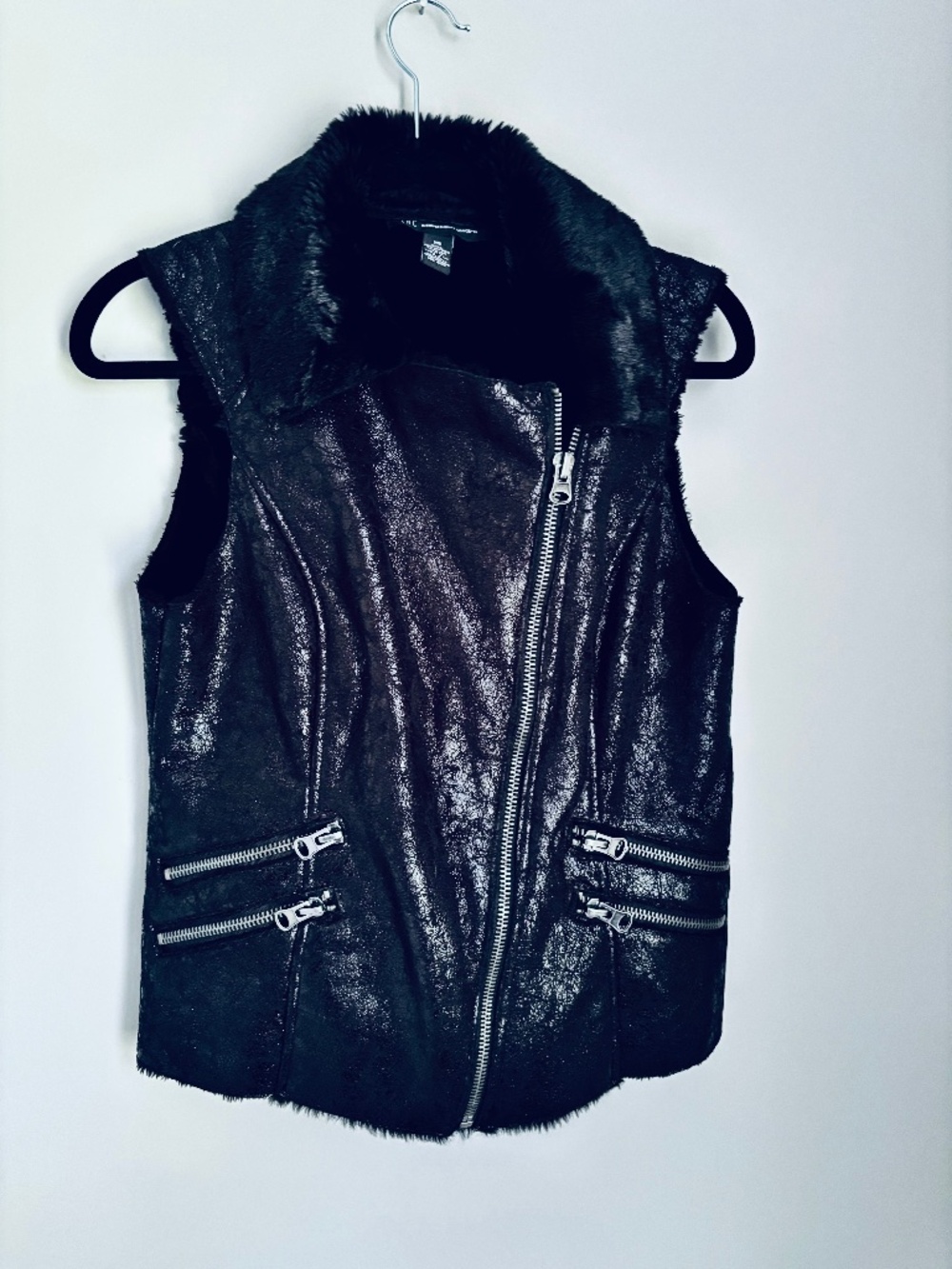 INC International Concepts Black Faux Shearling Moto Vest XS